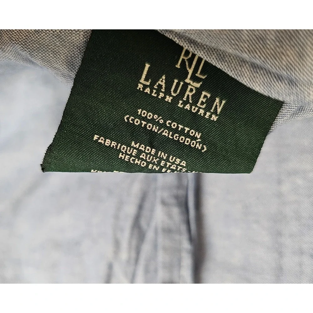 Ralph Lauren Blue Chambray Ruffle Euro Sham /Flat Sheet Set Cotton USA Queen